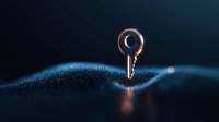 Glowing key with crescent moon symbol emerging from dark textured surface with particles and light effects, concept of dreams and night mysteries.