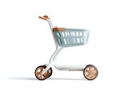 Modern minimalist shopping cart with mint green basket and copper accents on white wheels, isolated on white background for retail and commerce designs.