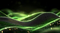 Abstract digital wave of green particles with glowing light effects on dark background, representing technology, data visualization, or digital transformation.