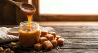 Homemade salted caramel sauce dripping from wooden spoon into glass jar with soft caramel candies scattered on rustic wooden table in warm kitchen light.