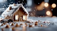 Glowing gingerbread house covered in powdered sugar snow against dark background with bokeh lights, creating magical winter holiday atmosphere.
