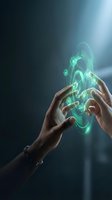 Human hands creating magical green energy light effects with glowing particles and ethereal wisps for fantasy and supernatural design concepts.