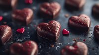 Heart shaped chocolate pralines with red decorative elements on dark background, romantic dessert composition with selective focus and bokeh effect.