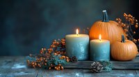 Cozy autumn composition with glowing candles, orange pumpkins and dried berries on rustic wooden surface against dark background. Perfect for seasonal decor.