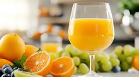 Fresh orange juice in wine glass with citrus fruits, grapes and blueberries on wooden table. Natural morning light creates appetizing breakfast scene.