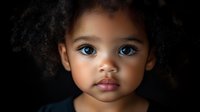 Young African American girl with striking blue eyes and natural curly hair against dark background, dramatic lighting highlights facial features and innocent expression.