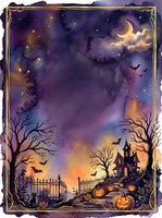 Watercolor Halloween night scene with haunted house, glowing pumpkins, bats, crescent moon, and spooky trees in purple and orange tones.