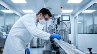 Male scientist in white lab coat working with automated equipment in modern pharmaceutical laboratory for research and development.