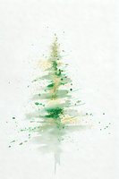 Abstract watercolor Christmas tree with green splashes and gold speckles on white textured paper, creating a minimalist holiday art piece.