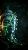 Ancient stone statue head covered in ivy with glowing green lightning effects in dark mystical cave setting for fantasy and supernatural themes.