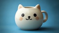 Cute white cat mug with smiling face and rosy cheeks, isolated on blue background. Perfect for kitchenware, merchandise, and product design.