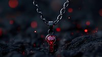 Mysterious key pendant necklace on dark background with glowing red bokeh lights and dramatic atmosphere, symbolic jewelry photography with mystical mood.