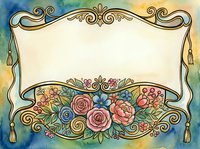 Vintage floral frame with roses and gold ornaments on watercolor background, blank banner for text, retro botanical border design.