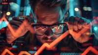 Young Caucasian businessman adjusting glasses reflecting stock market charts, dramatic neon lighting creates futuristic trading atmosphere with rising graph lines.