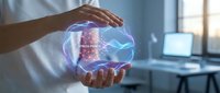 Professional woman holding glowing digital brain hologram with neural networks in modern office environment representing artificial intelligence technology.