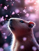 Curious capybara looking up at falling cherry blossom petals against purple bokeh background, close-up portrait showing detailed fur texture and whiskers.