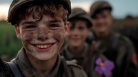 Young boy with freckles and bright smile wearing vintage newsboy cap, with dirt-smudged face and companions in background, capturing nostalgic childhood moment.