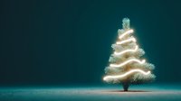Glowing Christmas tree with warm lights on dark teal background creating magical holiday atmosphere for seasonal greeting cards and winter celebrations.