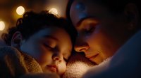 African American mother and sleeping child share tender moment in warm evening light, faces close together in intimate portrait capturing maternal love and bonding.