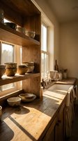 Rustic wooden kitchen shelves displaying handmade ceramic bowls and pottery with warm natural sunlight streaming through window creating cozy farmhouse atmosphere.