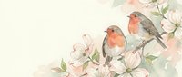 Watercolor robins perched on blooming apple tree branch with delicate pink and white flowers on soft beige background for spring greeting cards and decor.