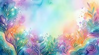Watercolor botanical frame with vibrant gradient background, featuring hand-drawn leaves and floral elements in rainbow colors. Suitable for greeting cards, posters, and design projects.