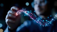 Glowing digital wave with sparkles and light particles floating in dark space, manipulated by hand gesture showing futuristic technology interface.