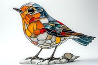 Geometric mosaic style bird sculpture with vibrant orange, blue and red stained glass pattern on white background, artistic wildlife decor piece.
