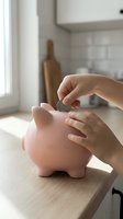 Child inserting coin into pink piggy bank on kitchen counter, demonstrating savings, financial literacy, and money management habits for future generations.