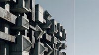 Brutalist concrete residential building with staggered balconies and geometric facade design against overcast sky, suitable for architecture and real estate projects.