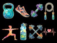 Fitness equipment collection with kettlebell, running shoe, dumbbells, jump rope, yoga pose figure, water bottle, barbell weights and heart rate monitor isolated on transparent background for t-shirt design, stickers, sublimation.