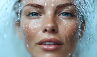 Close-up portrait of woman with blue eyes behind wet glass with water droplets, showcasing skincare, freshness and hydration concept.