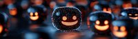 Glowing jack-o'-lantern marshmallows on dark background, creating spooky Halloween atmosphere with illuminated smiling faces.