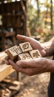 Close-up of weathered male hands holding wooden blocks with engraved sustainability icons including renewable energy, solar panels, and bicycle symbols outdoors.