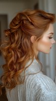 Young woman with elegant wavy copper hair styled in romantic half-updo wearing white knit sweater, side profile view showing natural makeup and soft lighting.