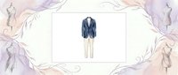 Navy blazer with beige trousers on dress form, surrounded by watercolor floral flourishes in soft pink and purple tones. Suitable for fashion design, styling guides.