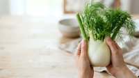 Fresh fennel bulb with vibrant green fronds held in hands over wooden kitchen counter, suitable for cooking, recipe blogs, healthy eating content, and food photography.