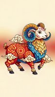 Colorful decorative ram with ornate patterns and swirling clouds on gradient background for Chinese New Year celebrations and zodiac designs.