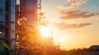 Sunlit wildflowers silhouetted against golden sunset sky with urban buildings in background, creating atmospheric nature meets city landscape with lens flare effect.
