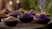 Aromatic dried lavender flowers and natural bath salts in rustic wooden bowls arranged on dark surface with soft bokeh background for spa and wellness.