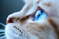 Close-up macro shot of white cat face with striking bright blue eyes and pink nose, dramatic lighting creates mystical atmosphere for nature and pet photography.