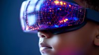 Young African American woman wearing virtual reality headset with glowing purple and blue network visualization effects reflecting on VR glasses in dark environment.