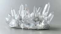 Clear quartz crystal cluster formation with geometric angular shapes emerging from rough base, glowing with ethereal light against soft neutral background.