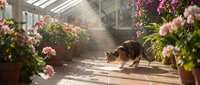 Tabby cat walking through sunlit greenhouse surrounded by blooming flowers in hanging baskets and potted plants, ideal for pet and nature themes.