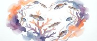 Heart-shaped coral reef with tropical fish swimming in watercolor style on white background for marine life designs and ocean-themed projects.