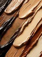 Creamy foundation smears in various skin tone shades from dark brown to beige, creating textured strokes for makeup artistry.