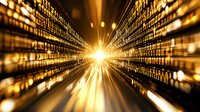 Abstract digital tunnel with golden light burst and binary code data stream effect, glowing technology background with motion blur and radial zoom perspective.