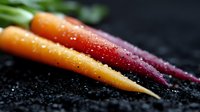 Fresh organic rainbow carrots with water droplets on dark soil background, macro shot highlighting vibrant orange and purple colors and natural texture.