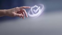 Hand touching glowing shield with checkmark, cybersecurity protection concept, digital safety and data privacy technology background.
