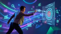 Professional businessman in suit reaching toward digital target with glowing neon interface elements and data visualization graphics on dark background.